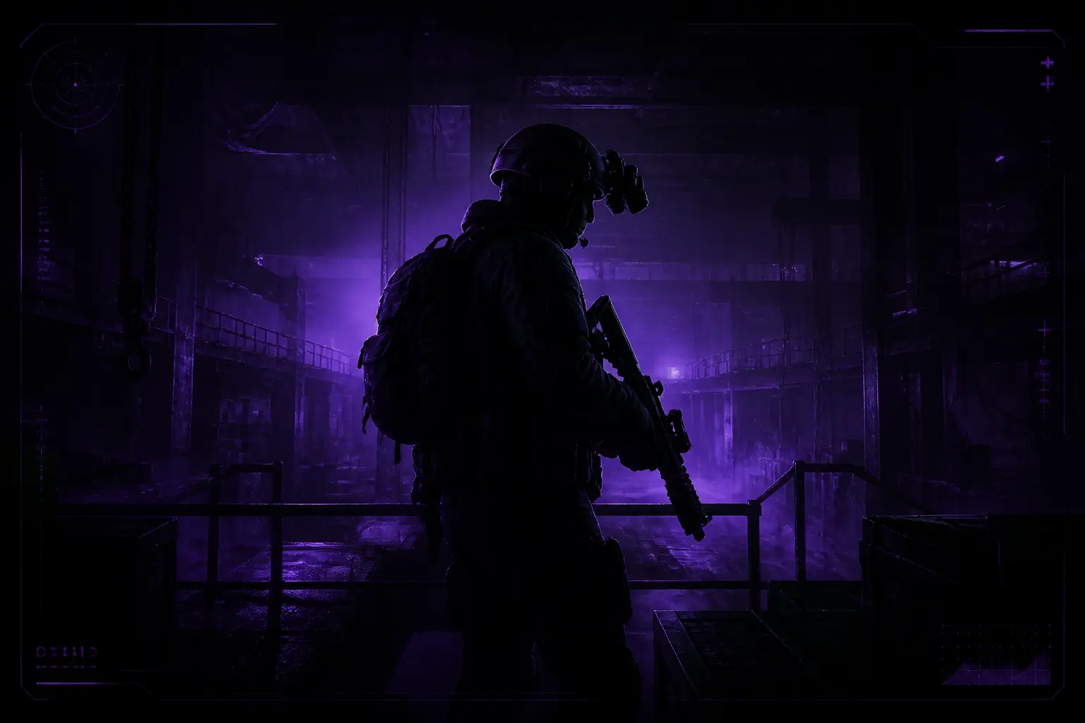 Arena Breakout Infinite cheats hero showing a tactical operator in purple-lit industrial cover