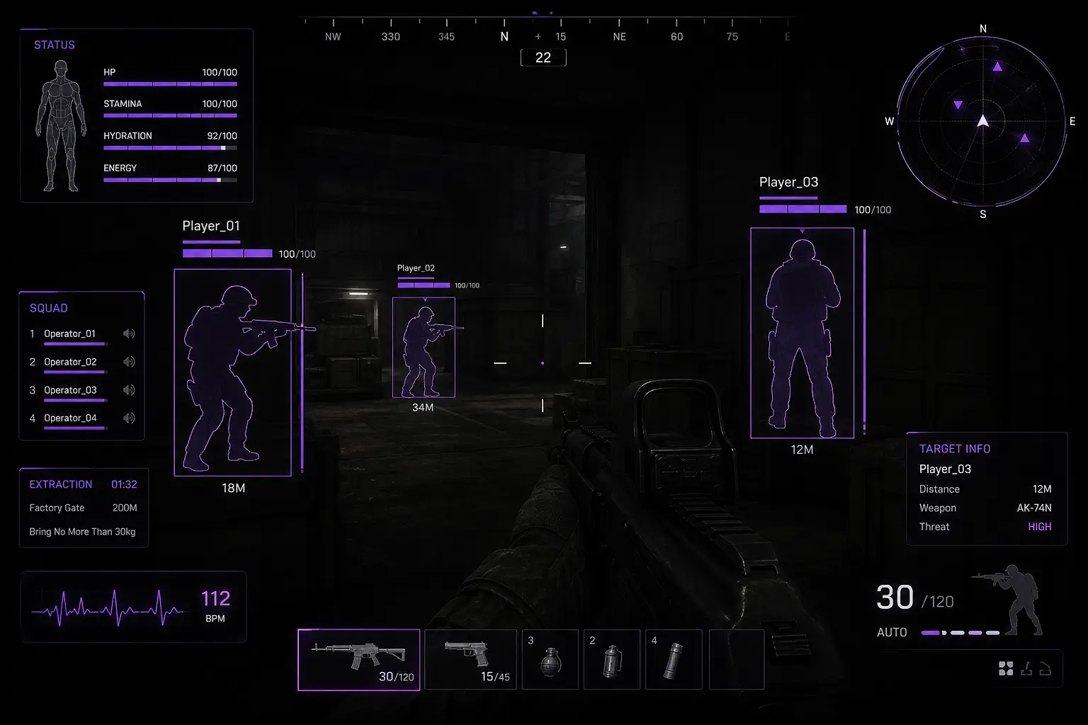 Arena Breakout Infinite ESP HUD concept with purple tactical markers and overlays