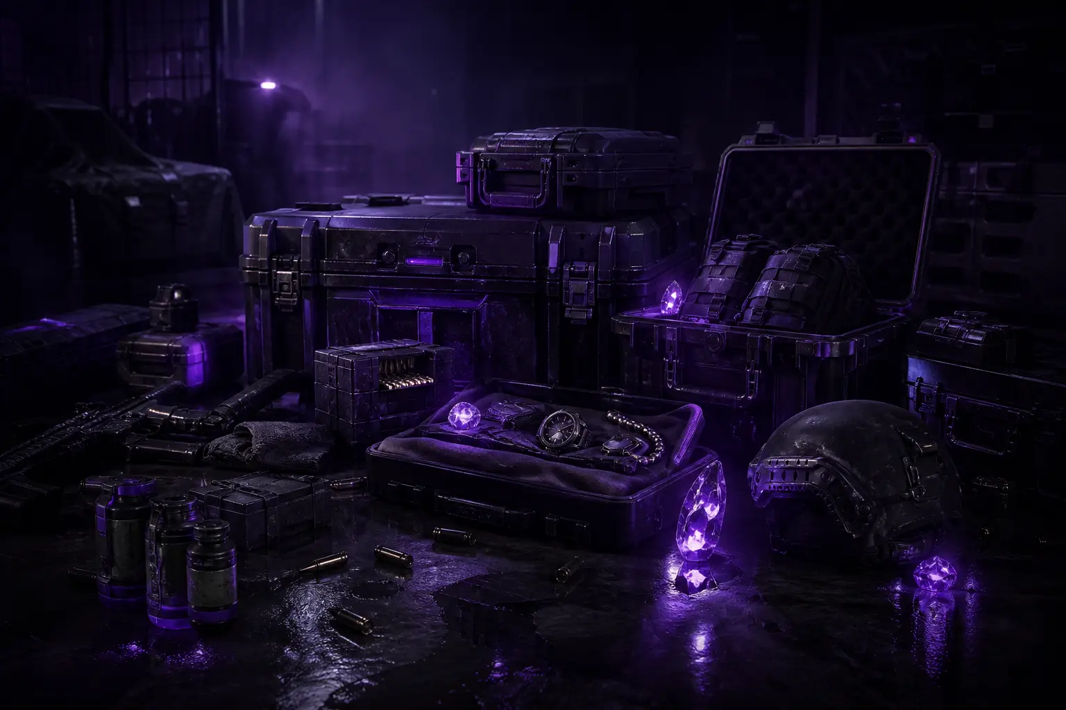 Arena Breakout Infinite loot ESP concept with crates and containers under purple lighting